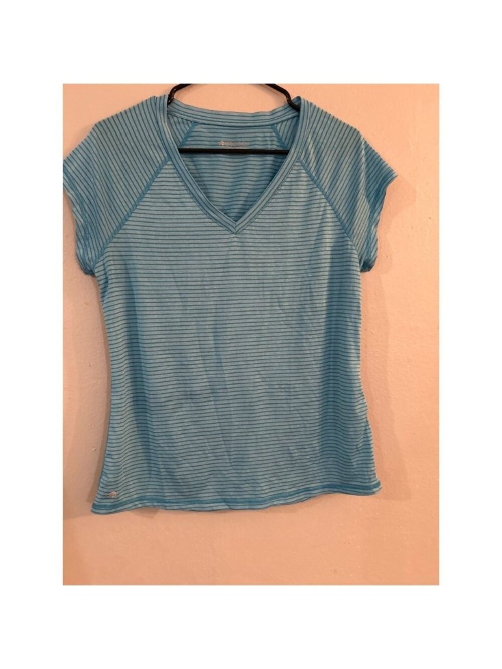 Womens Ideology Blue Striped V-Neck Short Sleeve Top M Polyester/Spandex‎